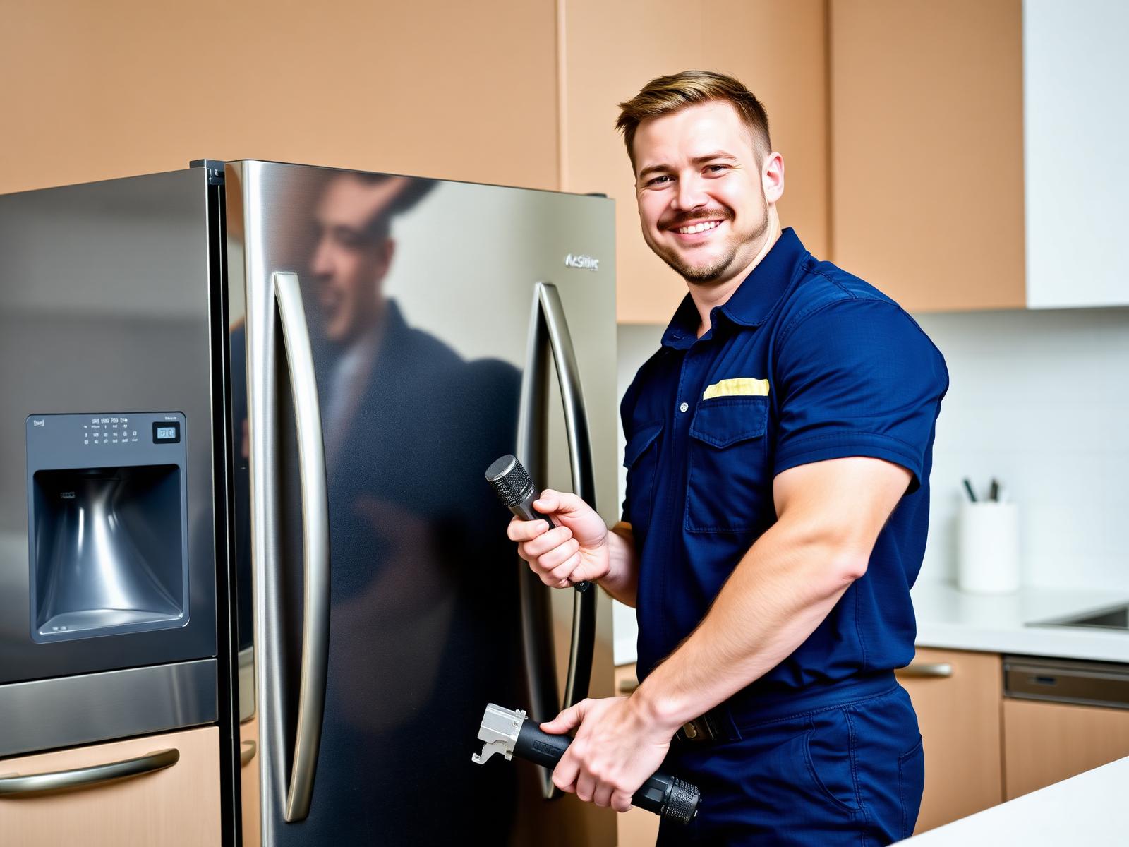 Emperium appliance repair technician working on a modern stainless steel refrigerator